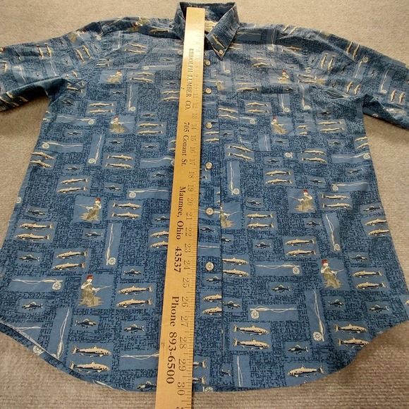 MunsingWear Shirt Mens LARGE Blue Fisherman Rod Fly Fishing Button Short Sleeve - Picture 5 of 8